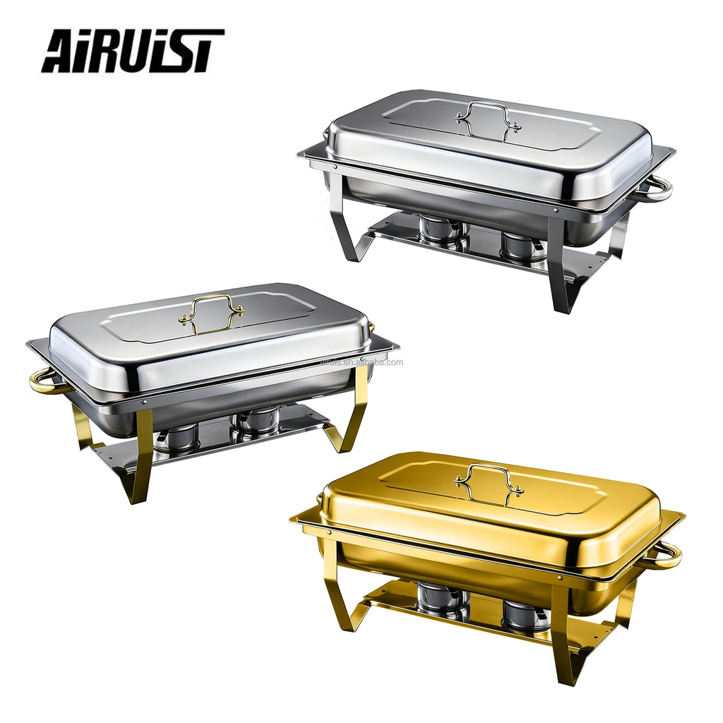 AIRUISI Electric Modern Stainless Steel Chafing Dish Buffet Server Set Rectangle Food Warmer Gold Silver for Hotel Use