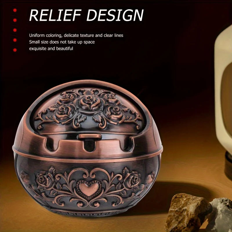 1pc Metal Ashtray, Smoking Windproof Vintage Lid Ornament, Vintage Cigarette Metal Decoration,Portable Home Decor Ashtrays