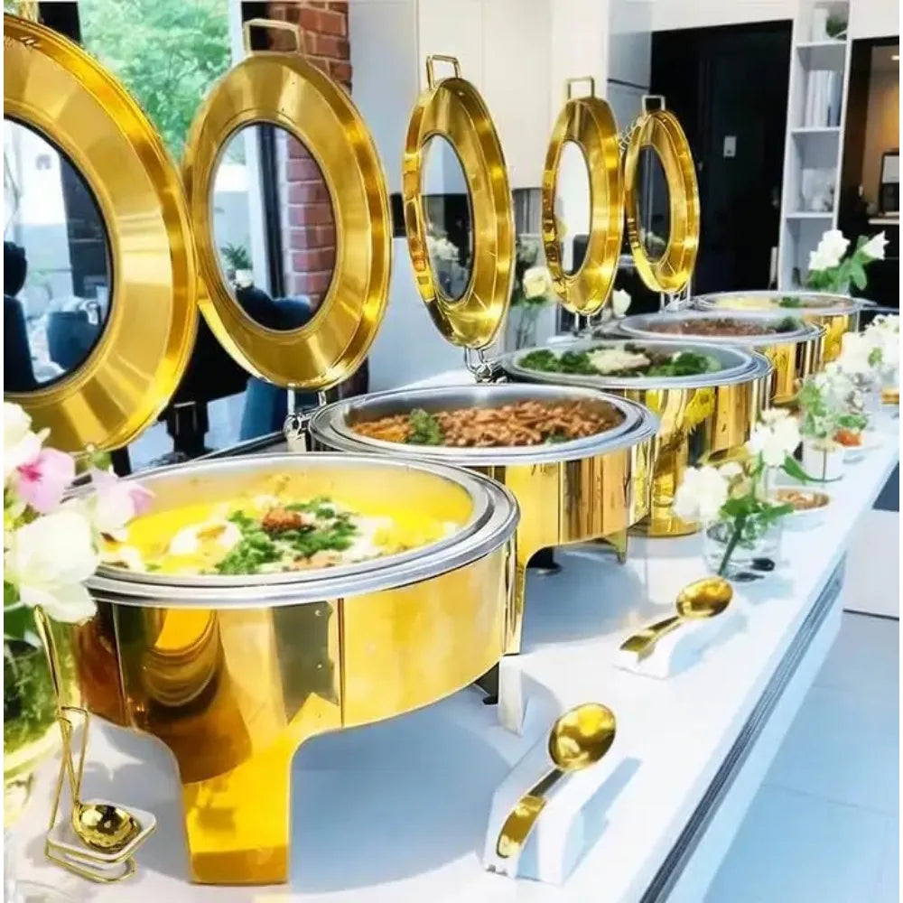 1 Pack 6.8-Quart Gold Round Chafing Dishes, Stainless Steel Chafers and Buffet Warmers Sets w/Water Pan, Food Pan, Fuel Holder a