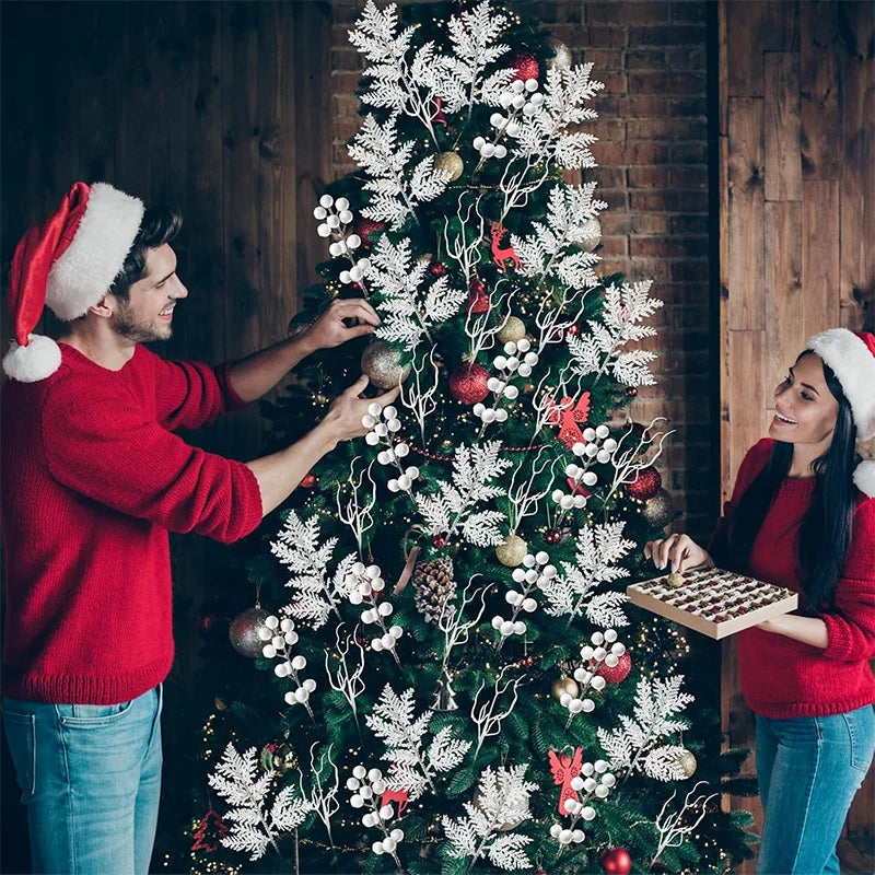 10Pc Glitter Branches Artificial Foam Berry Stalk Pine Needle Branch for Christmas Tree Ornament Home Decor DIY Wreath Supplies