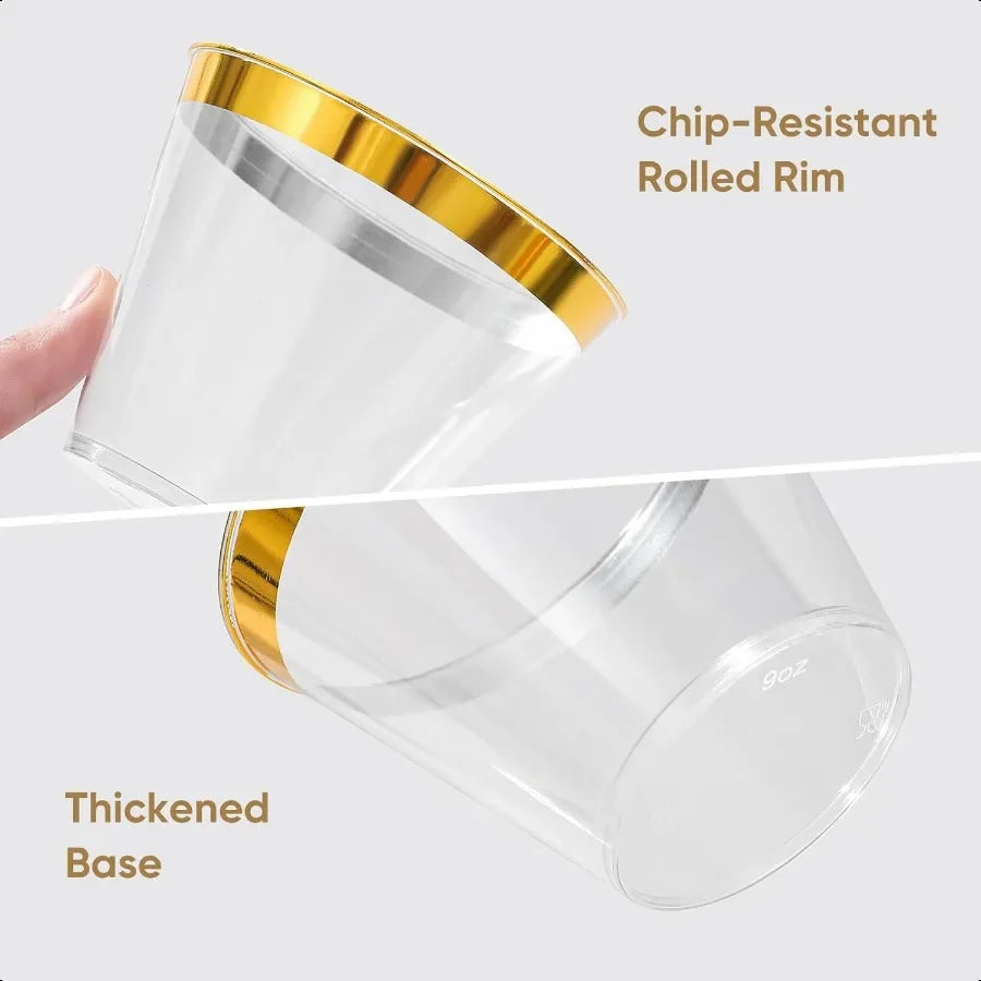 50PCS Gold Plastic Cups 9 oz Clear with Metallic Gold Rim  Cups Elegant Plastic Tumblers Fancy Party Cups
