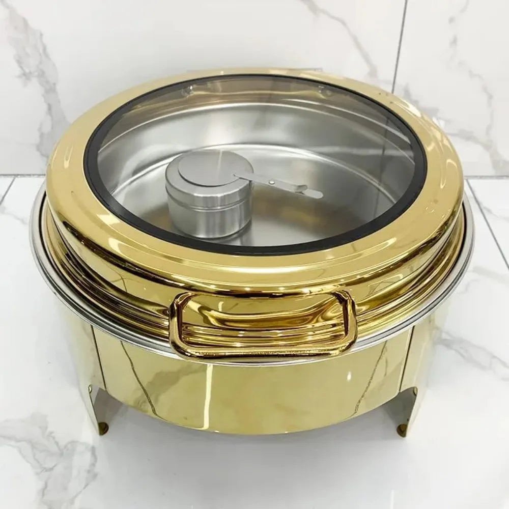 1 Pack 6.8-Quart Gold Round Chafing Dishes, Stainless Steel Chafers and Buffet Warmers Sets w/Water Pan, Food Pan, Fuel Holder a