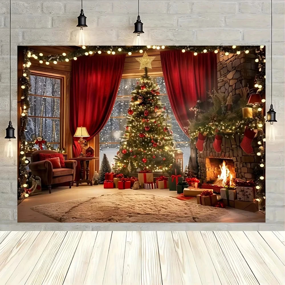 Christmas tree and fireplace  background, suitable for holiday photos and decorations, universal bannersBackground decoration
