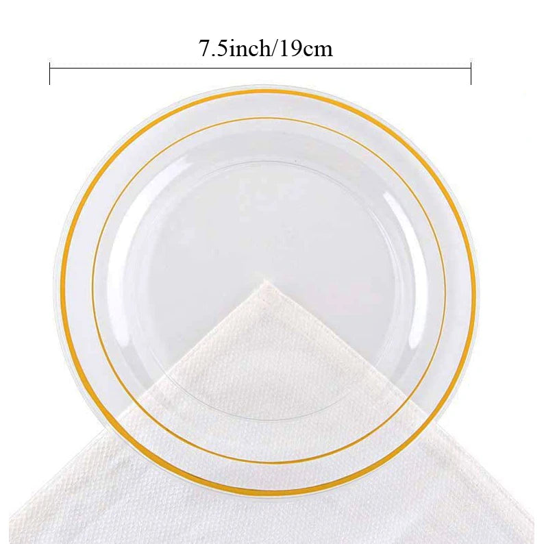 Clear Plastic Plates with Gold Rim-Gold Disposable Plates Dinner Plates Dessert Plates Premium Clear Plate Prefect for Wedding