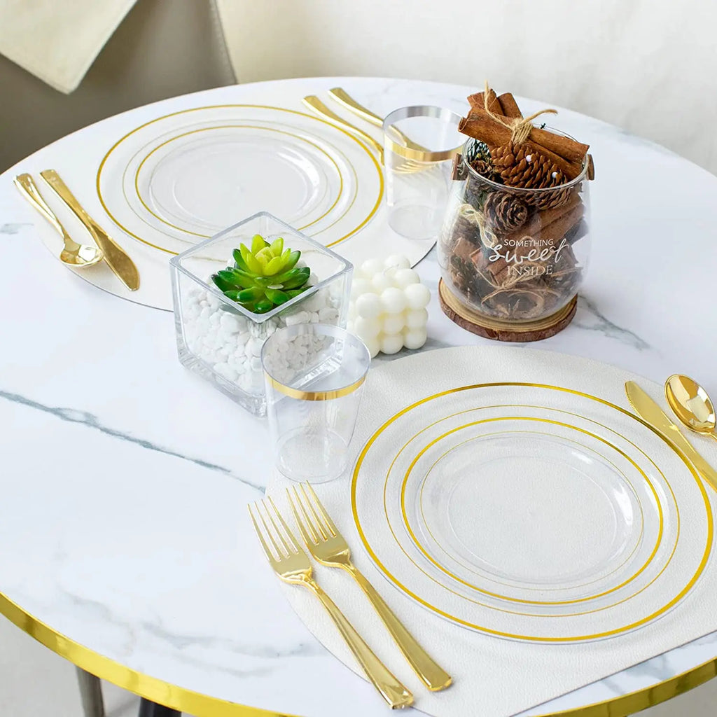 Clear Plastic Plates with Gold Rim-Gold Disposable Plates Dinner Plates Dessert Plates Premium Clear Plate Prefect for Wedding