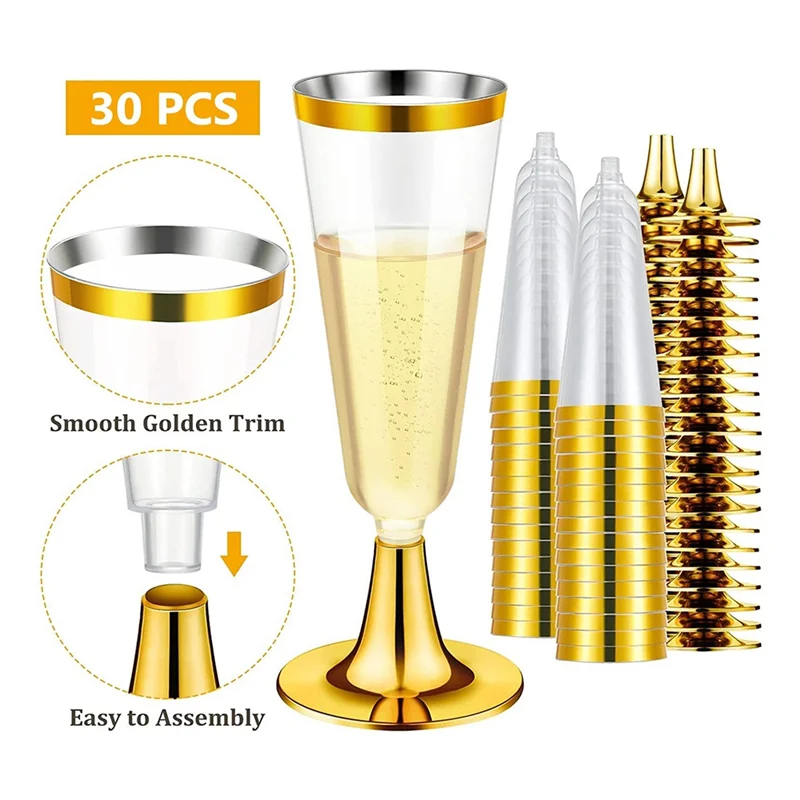 30Piece Plastic Champagne Flutes Reusable Stemmed Wine Glasses Party Wine Cups For Parties