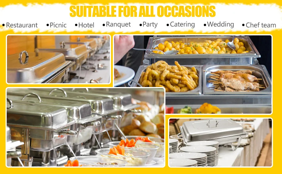 6 Pack Chafing Dish Buffet Set, Stainless Steel Food Warmer Kit with Lids, Food Pans, Water Pan and Fuel Holders for Restaurant