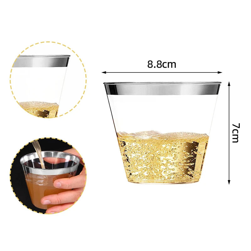 25pcs Disposable Plastic Cups Clear Champagne Flutes Silver Rim Mugs Fancy Wedding Cocktail Mug Bubble Tea Red Wine Glasses