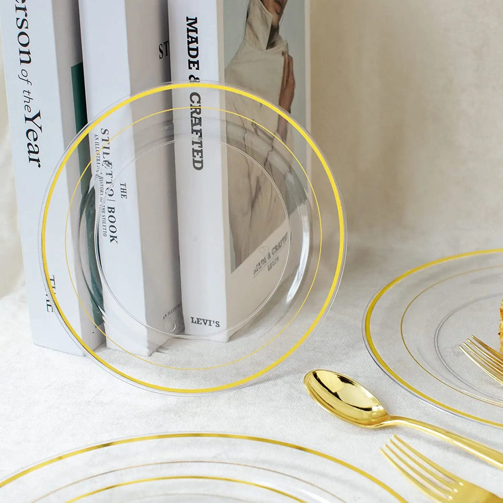 Clear Plastic Plates with Gold Rim-Gold Disposable Plates Dinner Plates Dessert Plates Premium Clear Plate Prefect for Wedding