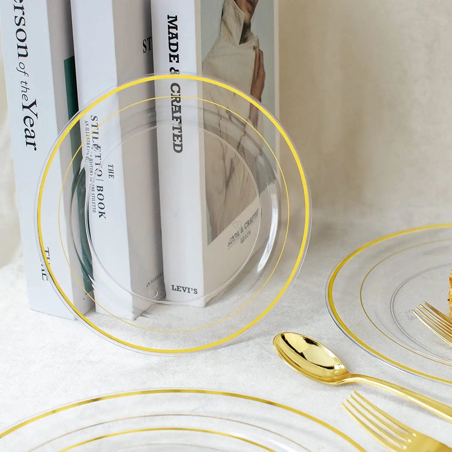 Clear Plastic Plates with Gold Rim-Gold Disposable Plates Dinner Plates Dessert Plates Premium Clear Plate Prefect for Wedding