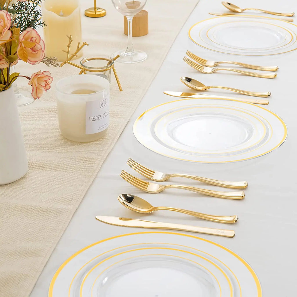 Clear Plastic Plates with Gold Rim-Gold Disposable Plates Dinner Plates Dessert Plates Premium Clear Plate Prefect for Wedding