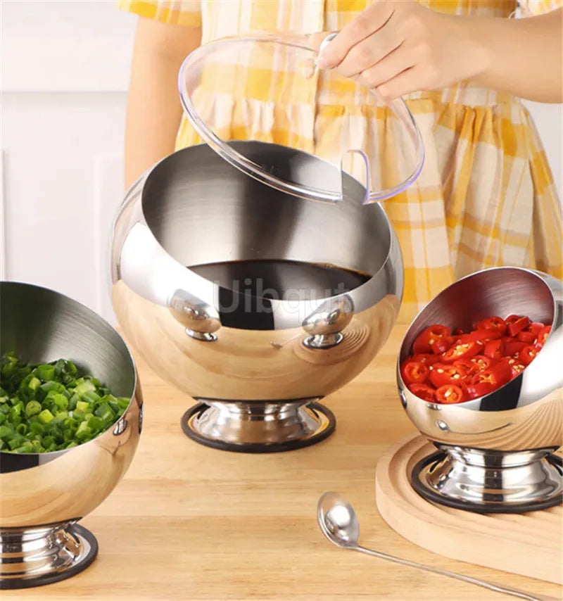 Stainless Steel Oblique mouthed Sauce Bowl with Lid Hot Pot Buffet Seasoning basket bowl Jar dish Container Salad Spherical Bowl