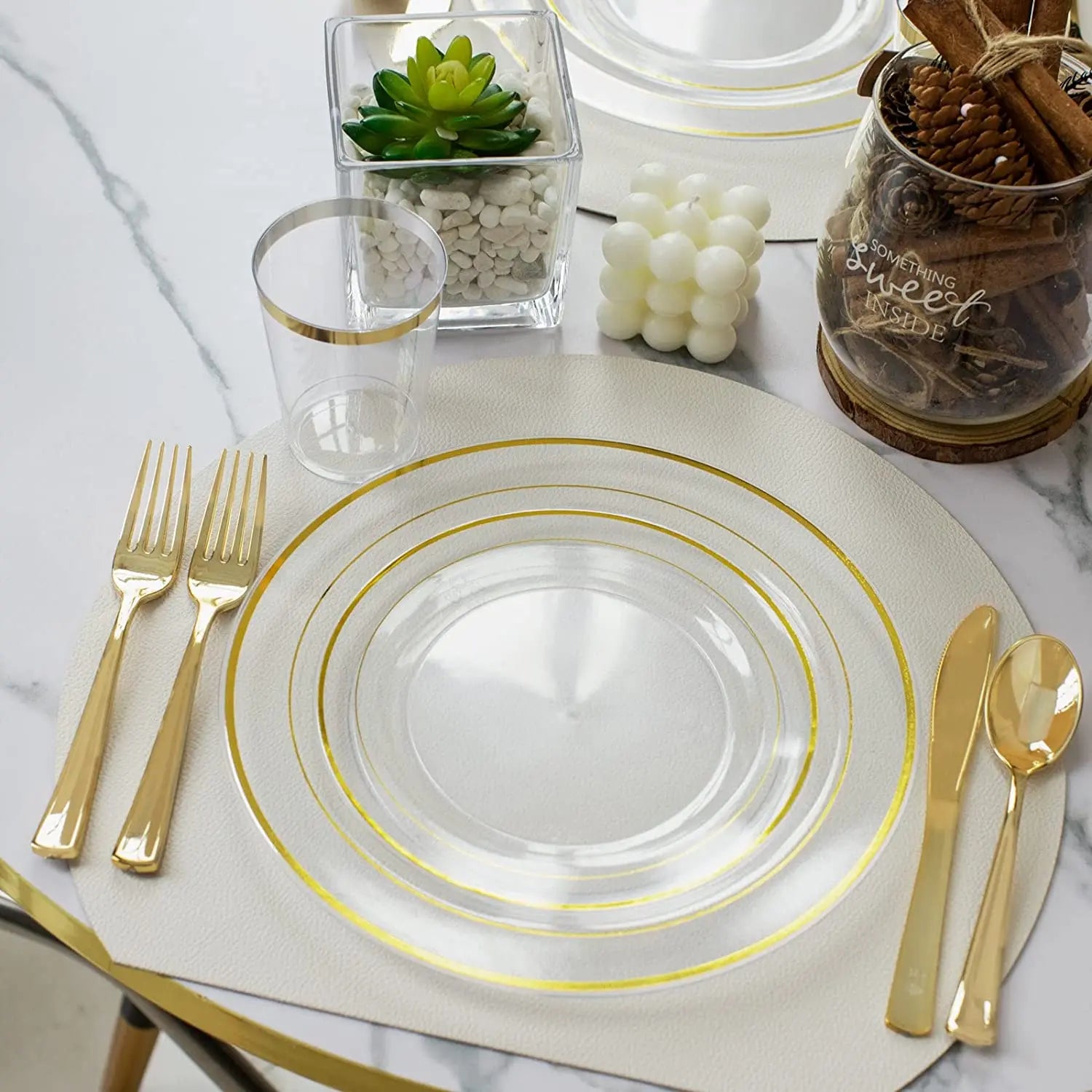 Clear Plastic Plates with Gold Rim-Gold Disposable Plates Dinner Plates Dessert Plates Premium Clear Plate Prefect for Wedding