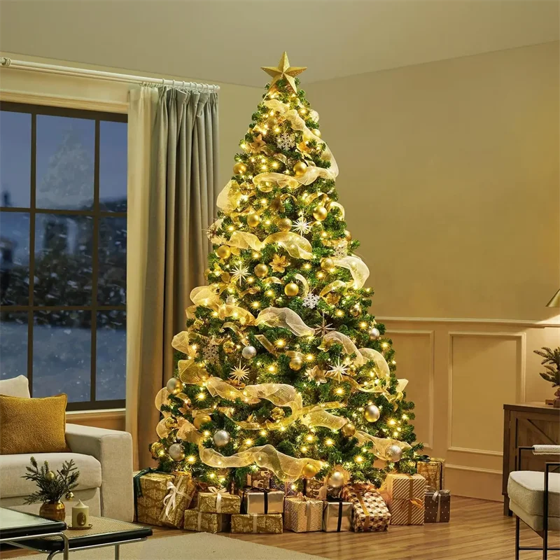 10ft Artificial Christmas Tree , Snow Flocked Full Prelighted Xmas Tree with 2084 Branch Tips, 900 Incandescent Lights