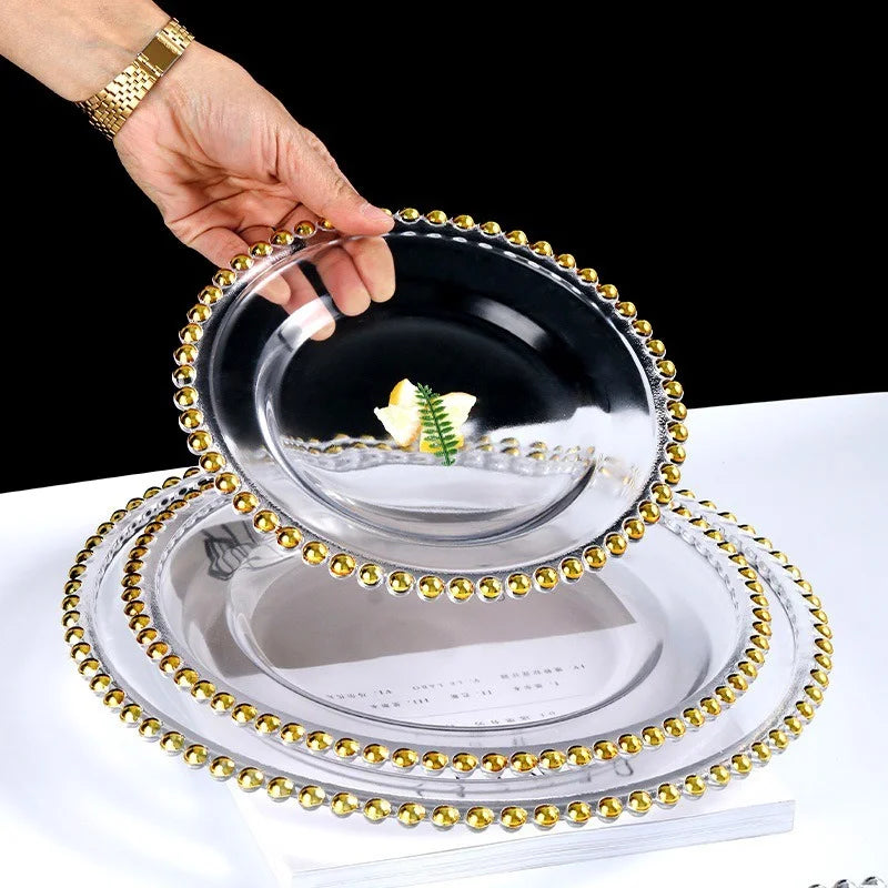 Golden Beads Round Glass Plate Art Dessert Fruit Plate Wedding Display Tray Household Transparent Cooking Dishes Tableware New