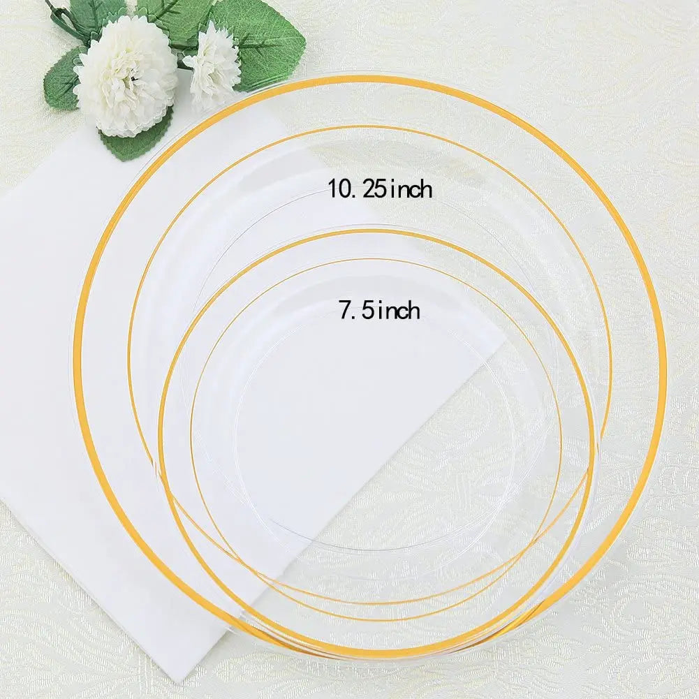 Clear Plastic Plates with Gold Rim-Gold Disposable Plates Dinner Plates Dessert Plates Premium Clear Plate Prefect for Wedding