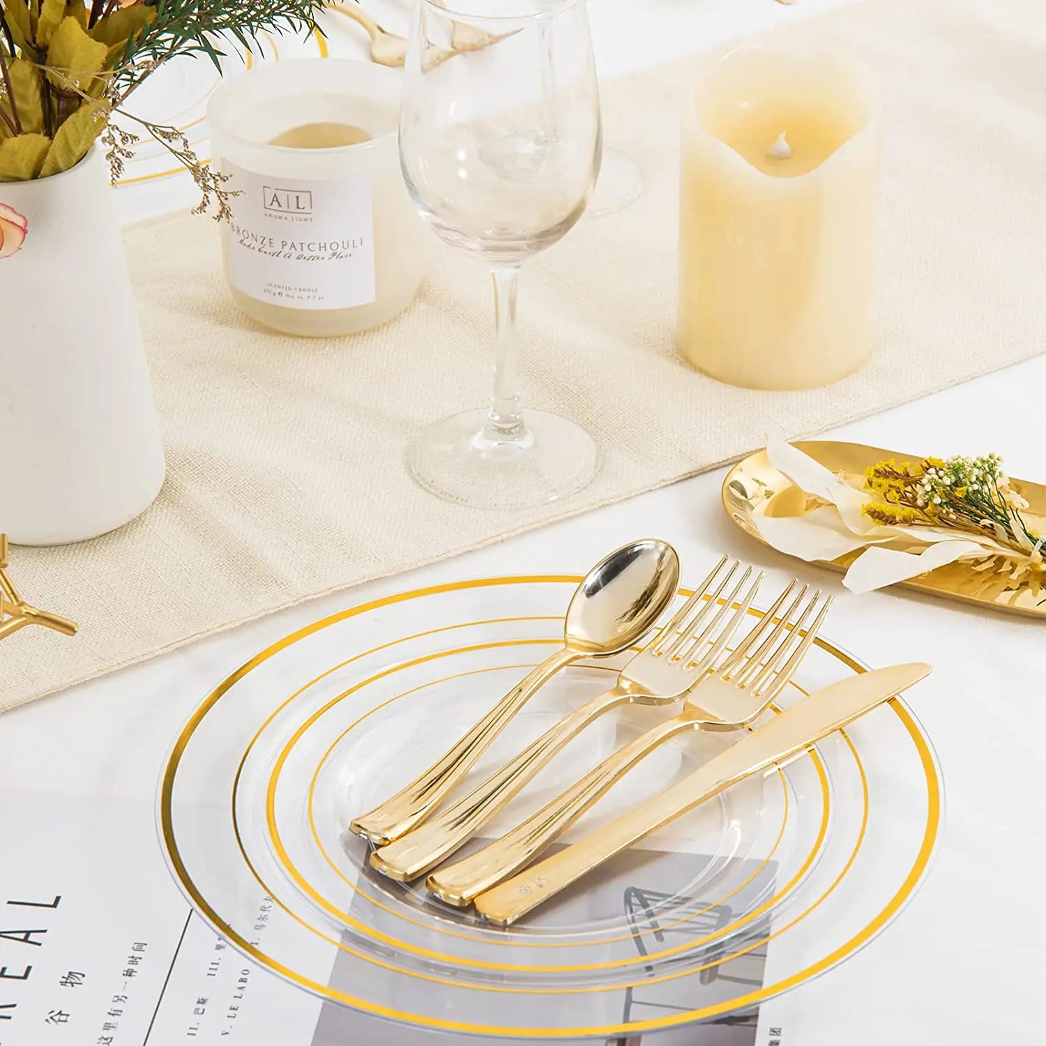 Clear Plastic Plates with Gold Rim-Gold Disposable Plates Dinner Plates Dessert Plates Premium Clear Plate Prefect for Wedding