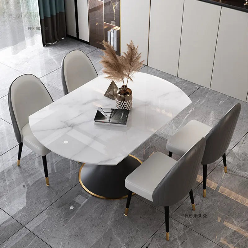 Italian Round Rotatable Telescopic Dining Table Small Apartment Foldable Table Household Modern Light Luxury Slate Dining Tables