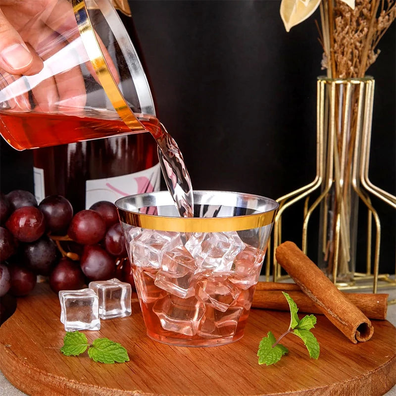 25pcs Disposable Plastic Cups Clear Champagne Flutes Silver Rim Mugs Fancy Wedding Cocktail Mug Bubble Tea Red Wine Glasses