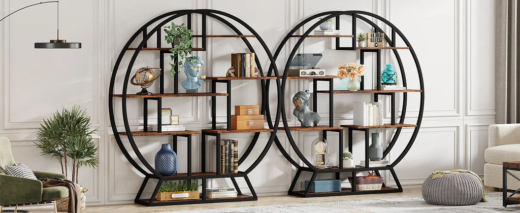 Tribesigns Bookshelf, Round Bookshelves Etagere Bookcase, 63-Inch Industrial Wood Book Shelf with Staggered Shelves