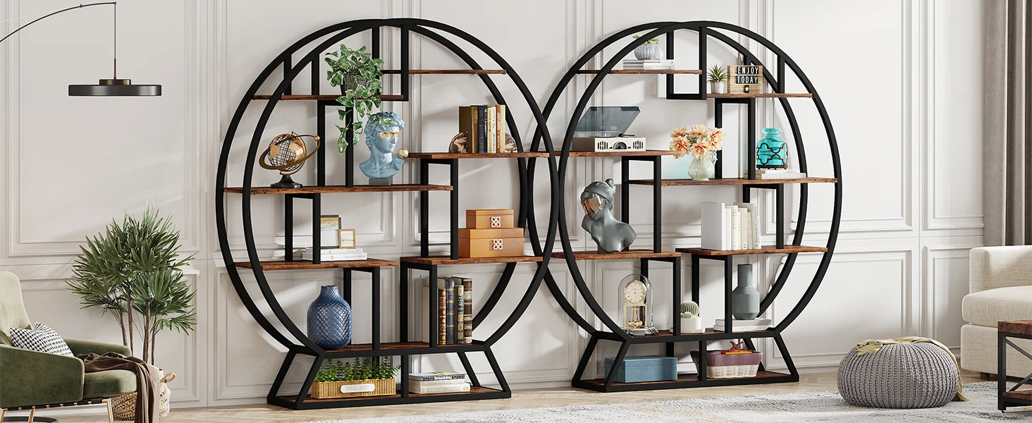 Tribesigns Bookshelf, Round Bookshelves Etagere Bookcase, 63-Inch Industrial Wood Book Shelf with Staggered Shelves