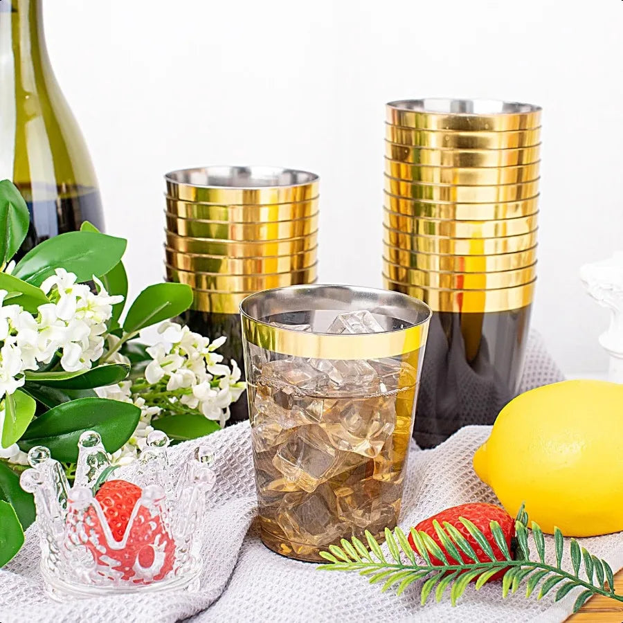 100pcs Gold and Black Plastic Cups 10oz Gold Rimmed Heavy Duty Elegant Black Cups Wedding Tumblers For Party and Birthday