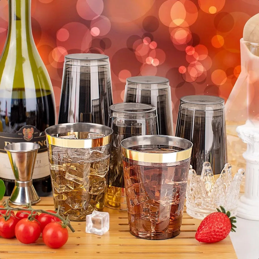 100pcs Gold and Black Plastic Cups 10oz Gold Rimmed Heavy Duty Elegant Black Cups Wedding Tumblers For Party and Birthday