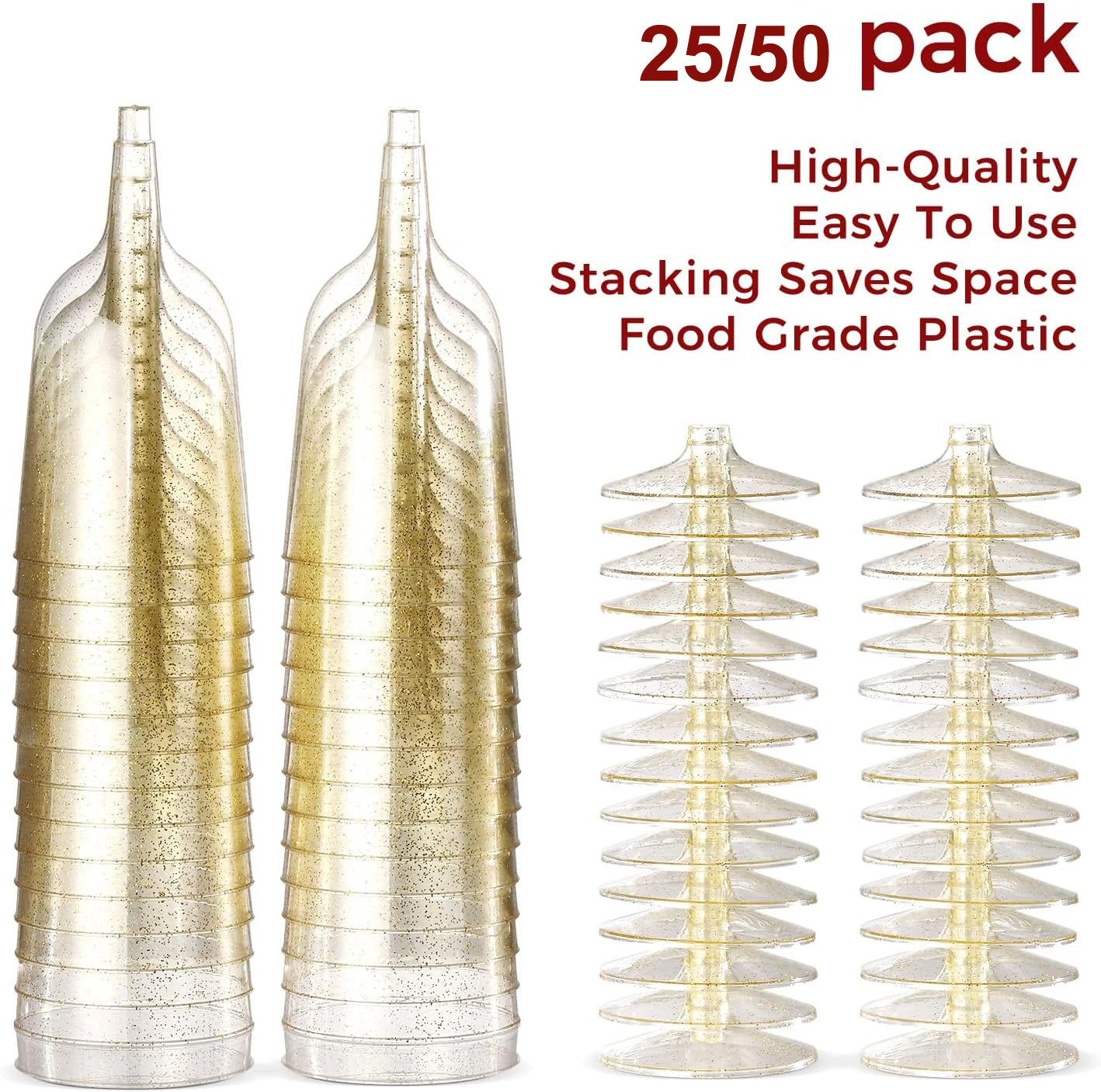 6oz Plastic Wine Glasses – Disposable Gold Glitter Mini Stemware with Removable Base for Weddings, Parties, Champagne, Toasting