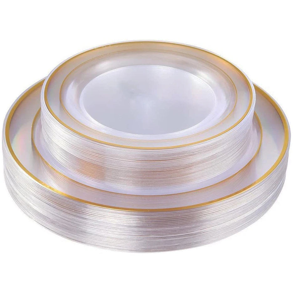 Clear Plastic Plates with Gold Rim-Gold Disposable Plates Dinner Plates Dessert Plates Premium Clear Plate Prefect for Wedding