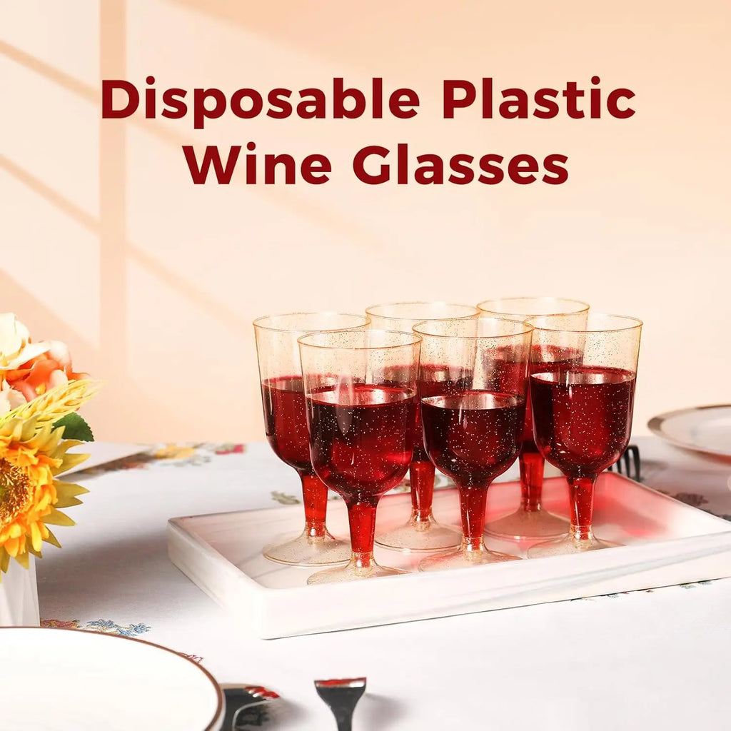 6oz Plastic Wine Glasses – Disposable Gold Glitter Mini Stemware with Removable Base for Weddings, Parties, Champagne, Toasting