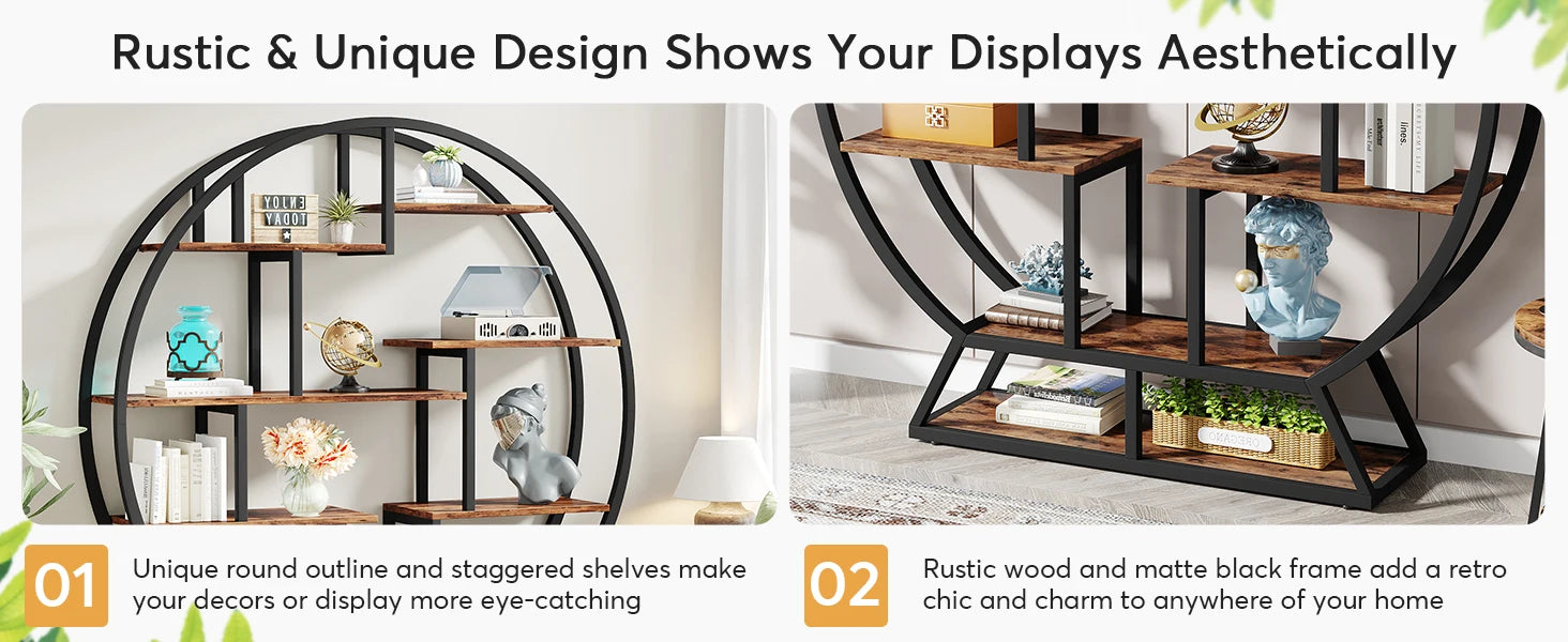Tribesigns Bookshelf, Round Bookshelves Etagere Bookcase, 63-Inch Industrial Wood Book Shelf with Staggered Shelves