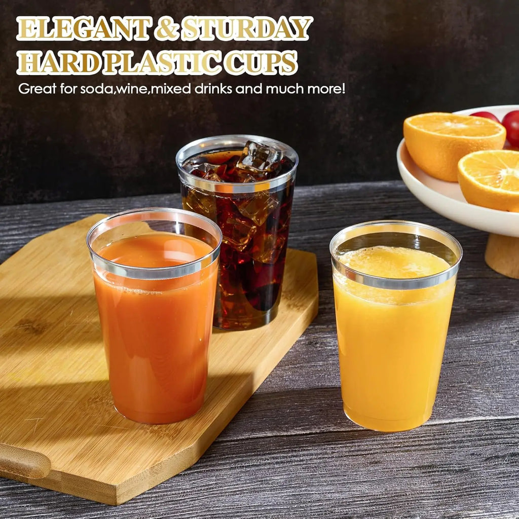 200 Pack 12 oz Silver Rimmed Plastic Cups, Clear Plastic Cup 12 Ounce Tumblers, Heavy-duty & Fancy Disposable Cups with