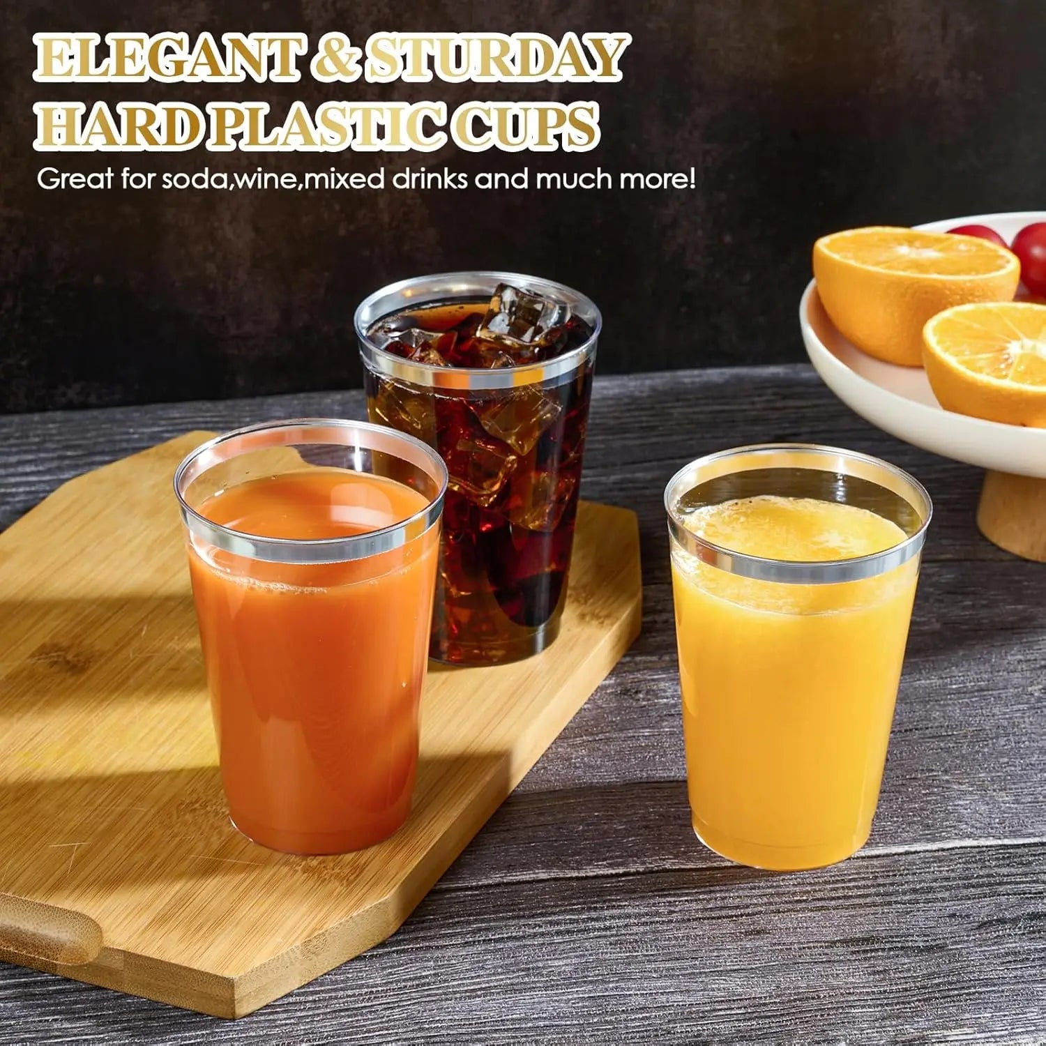 200 Pack 12 oz Silver Rimmed Plastic Cups, Clear Plastic Cup 12 Ounce Tumblers, Heavy-duty & Fancy Disposable Cups with