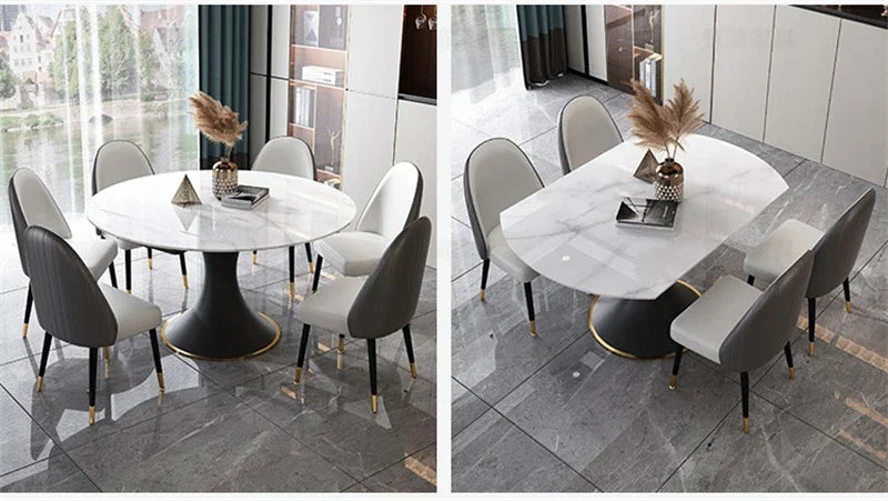 Italian Round Rotatable Telescopic Dining Table Small Apartment Foldable Table Household Modern Light Luxury Slate Dining Tables