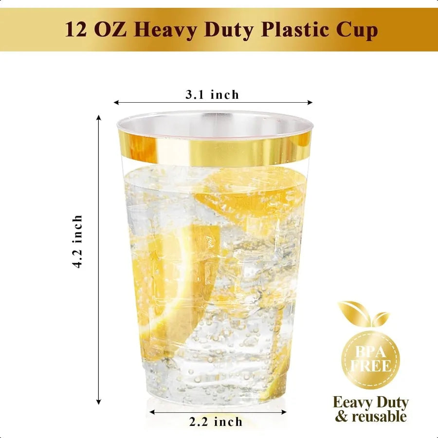 120PCS Gold Rim Plastic Cups 12oz Heavy Duty Plastic Cups Fancy Clear  Cup with Gold Rimmed for Wedding Birthday Party