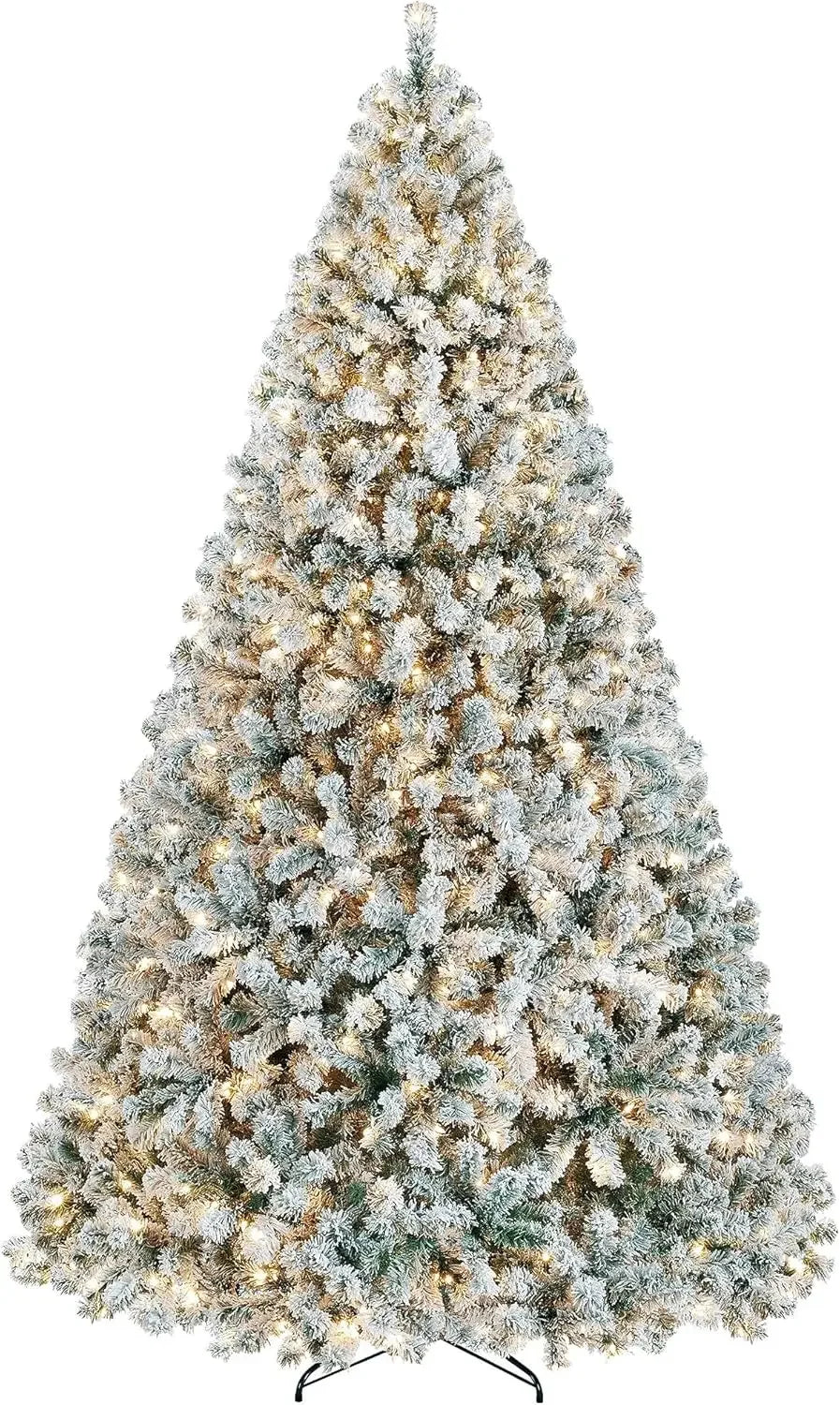 10ft Artificial Christmas Tree , Snow Flocked Full Prelighted Xmas Tree with 2084 Branch Tips, 900 Incandescent Lights