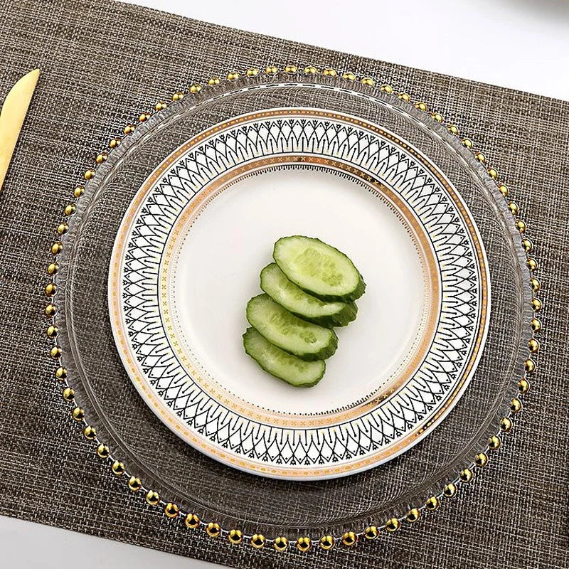 Golden Beads Round Glass Plate Art Dessert Fruit Plate Wedding Display Tray Household Transparent Cooking Dishes Tableware New