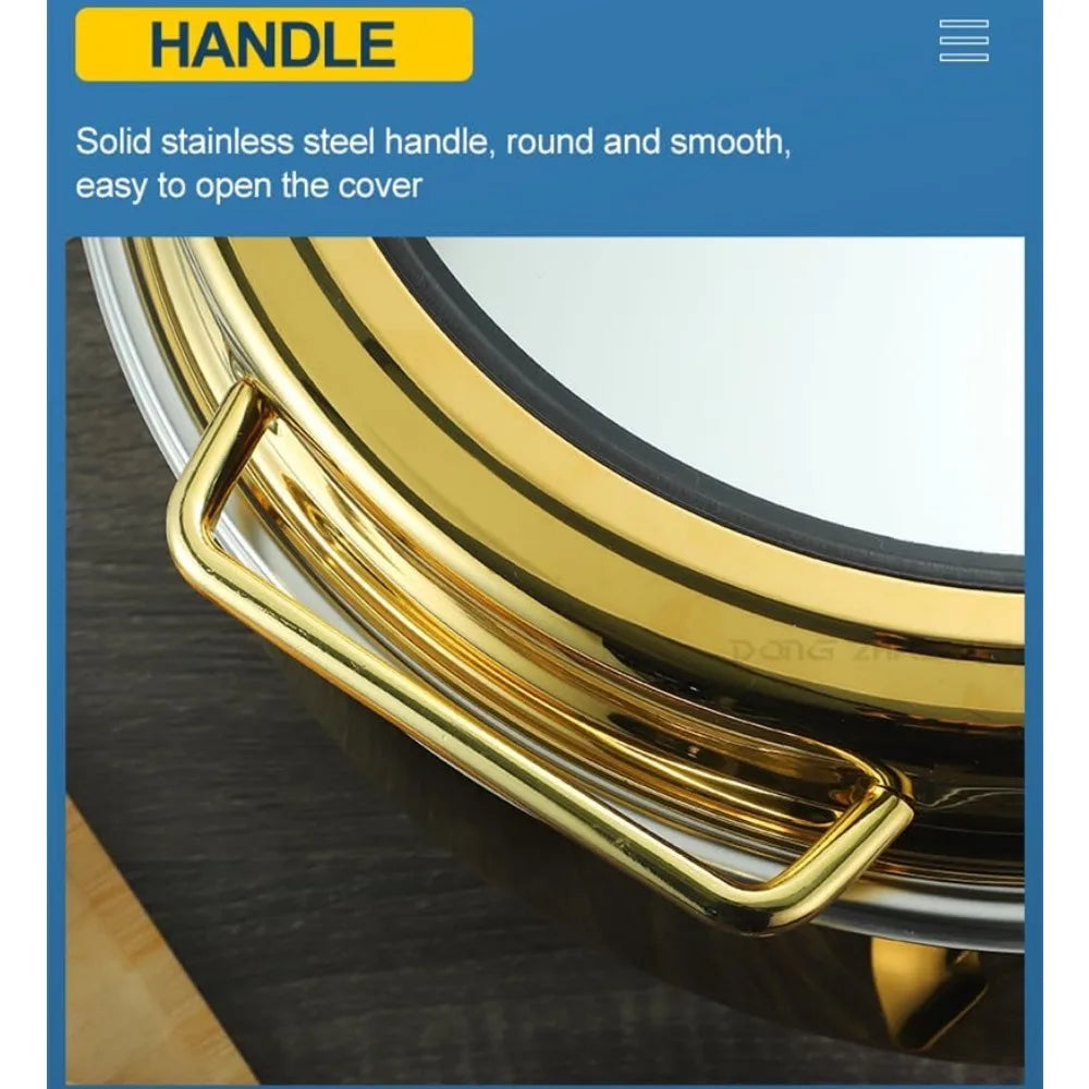 1 Pack 6.8-Quart Gold Round Chafing Dishes, Stainless Steel Chafers and Buffet Warmers Sets w/Water Pan, Food Pan, Fuel Holder a