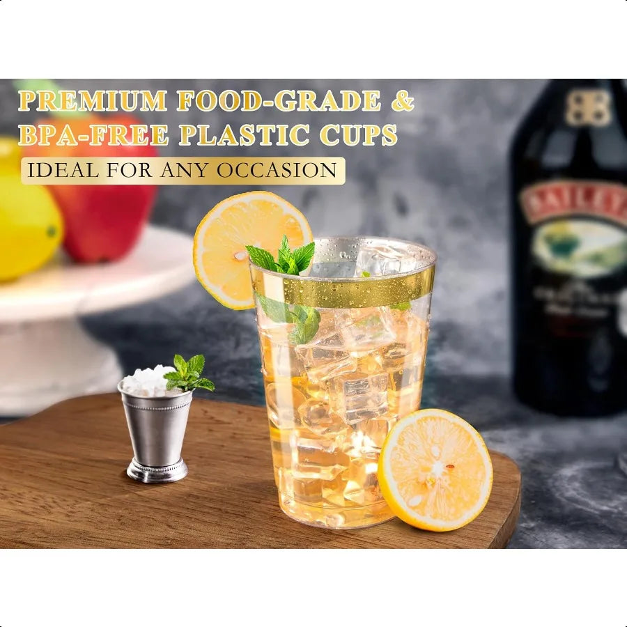 120PCS Gold Plastic Cups 12Oz Heavy Duty Plastic Cup  Gold Rimmed Cups Premium Gold Rim Cup Perfect for Wedding Party Thanksgiv