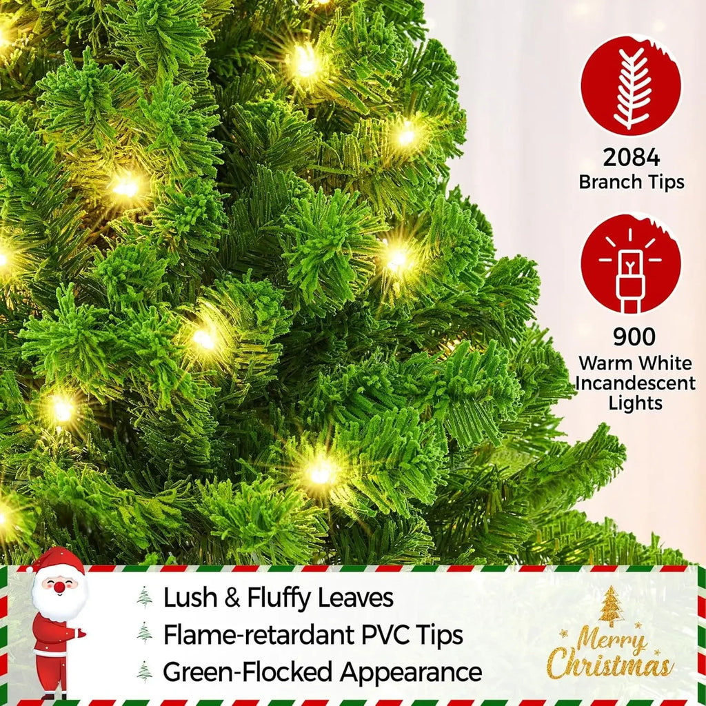10ft Artificial Christmas Tree , Snow Flocked Full Prelighted Xmas Tree with 2084 Branch Tips, 900 Incandescent Lights