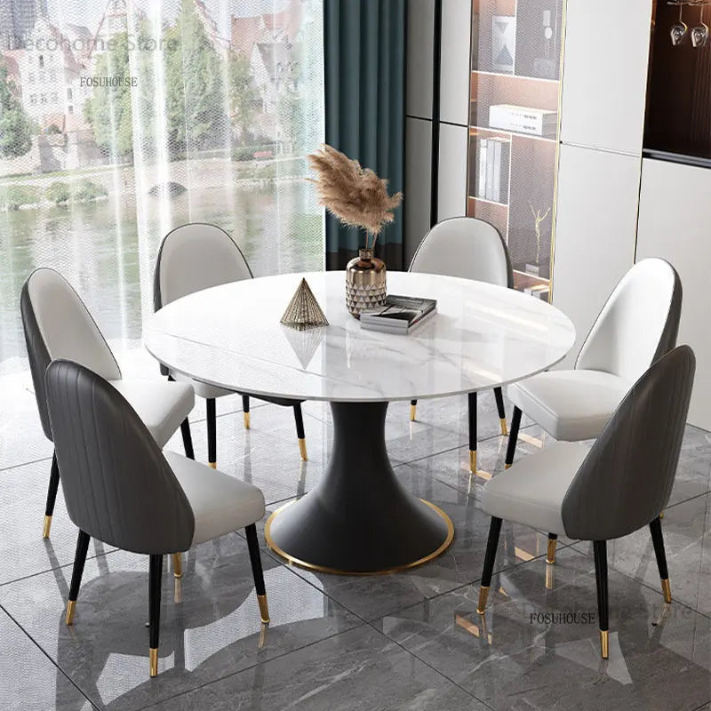 Italian Round Rotatable Telescopic Dining Table Small Apartment Foldable Table Household Modern Light Luxury Slate Dining Tables