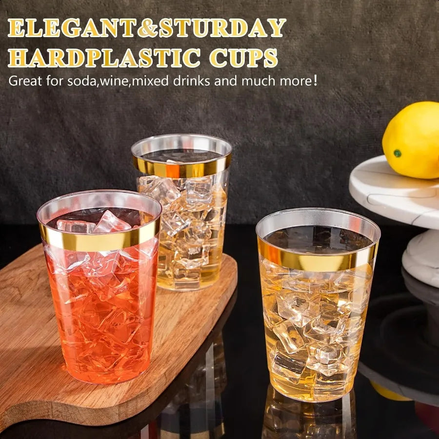 120PCS Gold Plastic Cups 12Oz Heavy Duty Plastic Cup  Gold Rimmed Cups Premium Gold Rim Cup Perfect for Wedding Party Thanksgiv