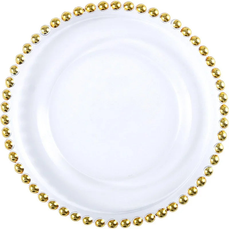 Golden Beads Round Glass Plate Art Dessert Fruit Plate Wedding Display Tray Household Transparent Cooking Dishes Tableware New