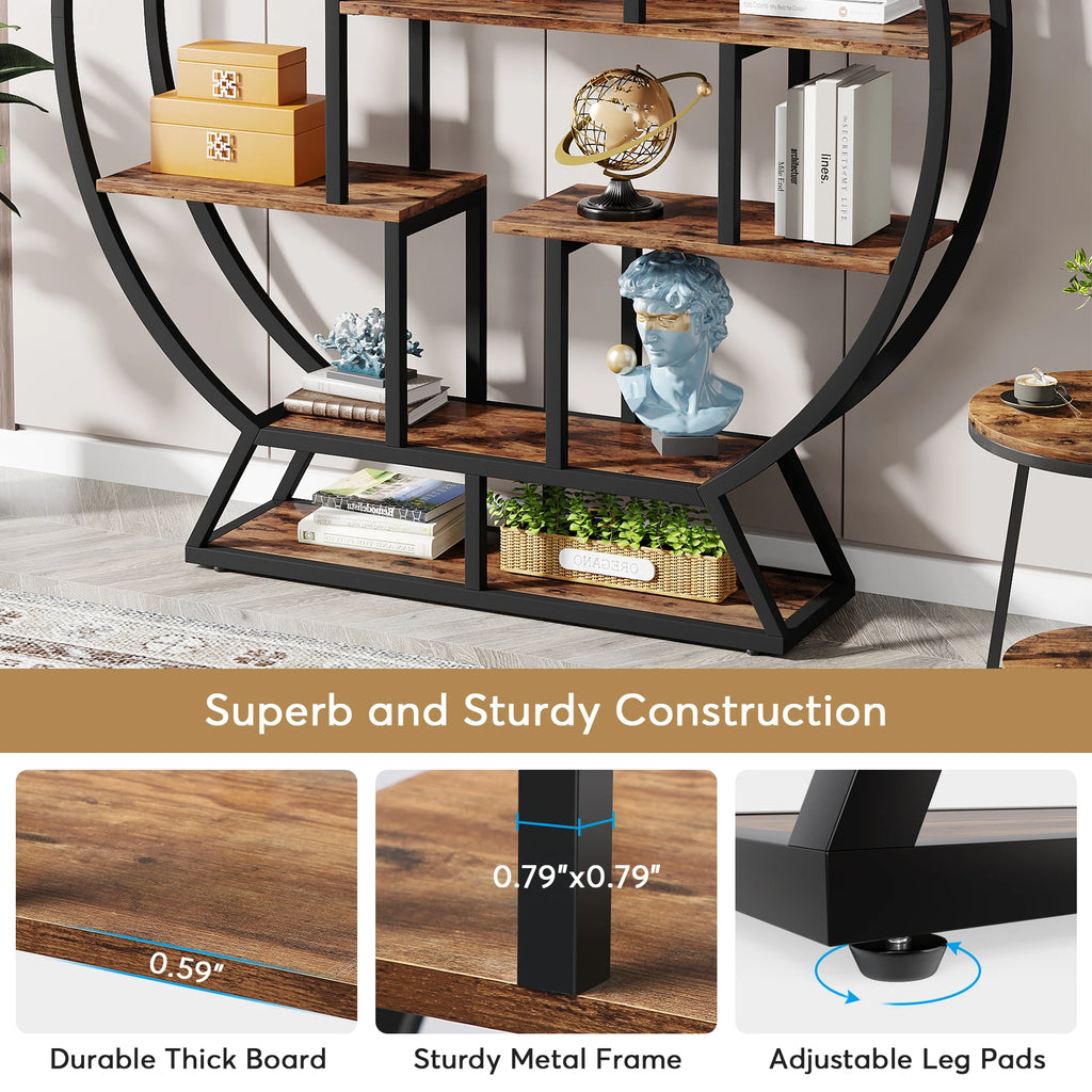 Tribesigns Bookshelf, Round Bookshelves Etagere Bookcase, 63-Inch Industrial Wood Book Shelf with Staggered Shelves
