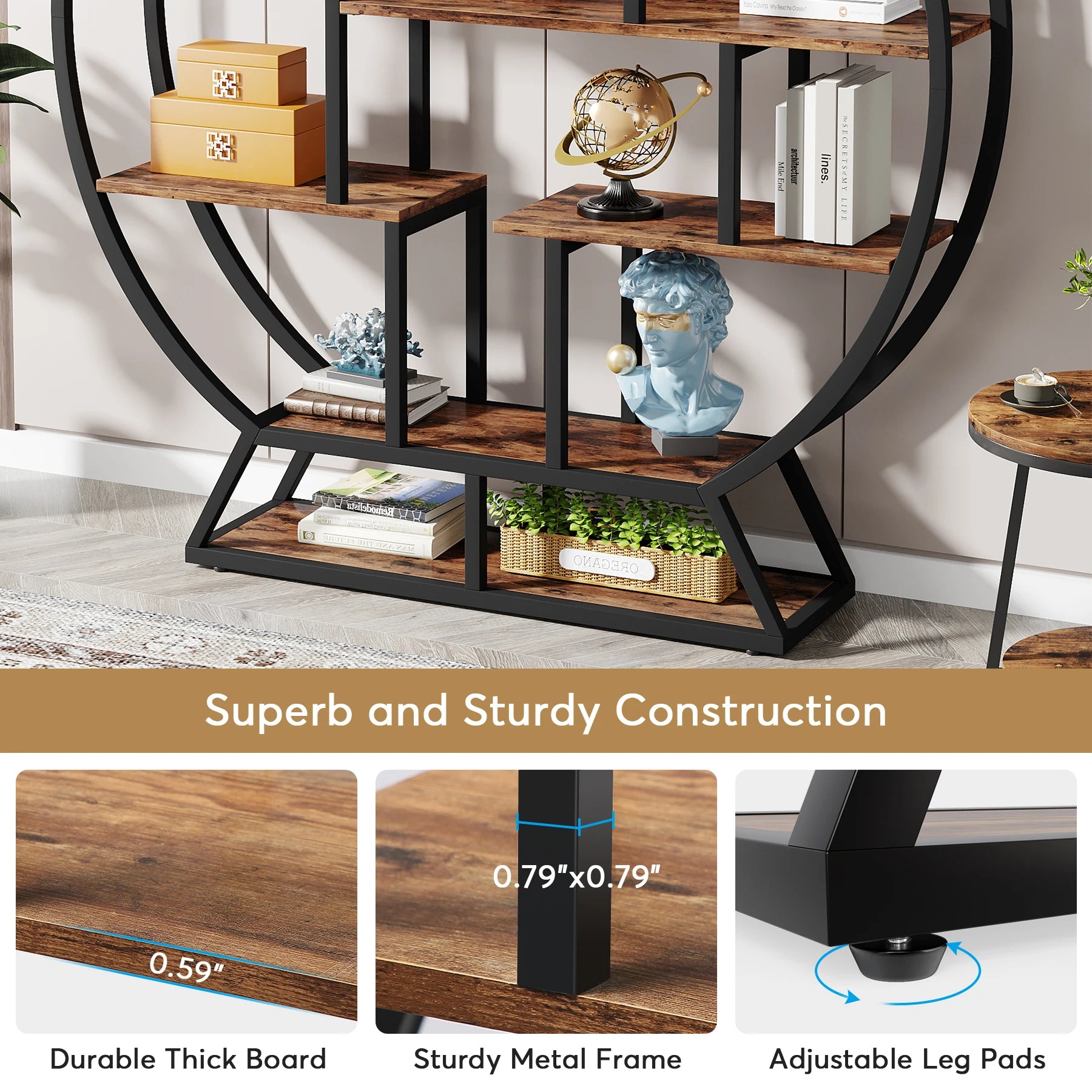 Tribesigns Bookshelf, Round Bookshelves Etagere Bookcase, 63-Inch Industrial Wood Book Shelf with Staggered Shelves
