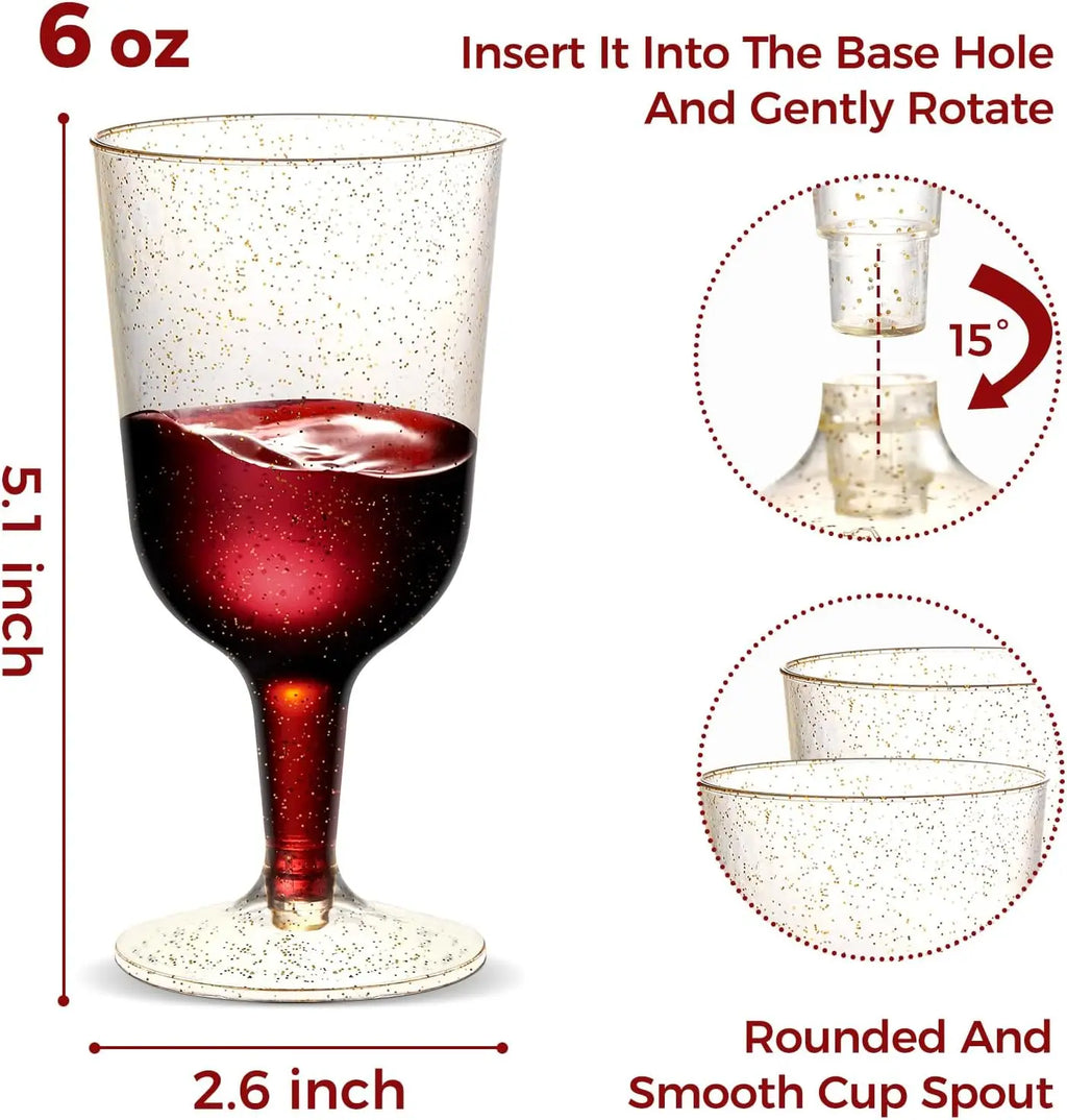 6oz Plastic Wine Glasses – Disposable Gold Glitter Mini Stemware with Removable Base for Weddings, Parties, Champagne, Toasting