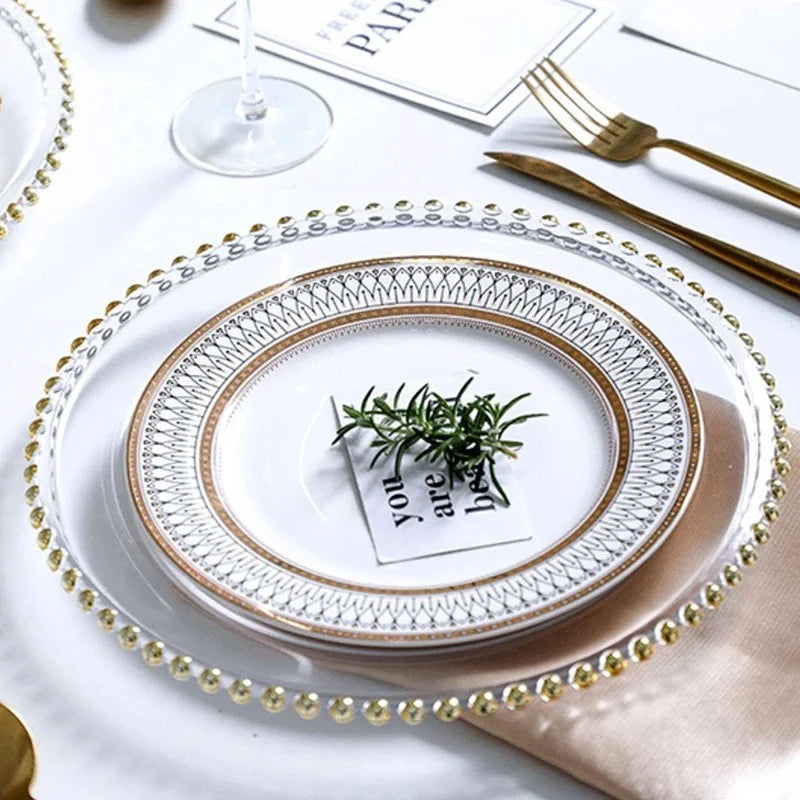 Golden Beads Round Glass Plate Art Dessert Fruit Plate Wedding Display Tray Household Transparent Cooking Dishes Tableware New
