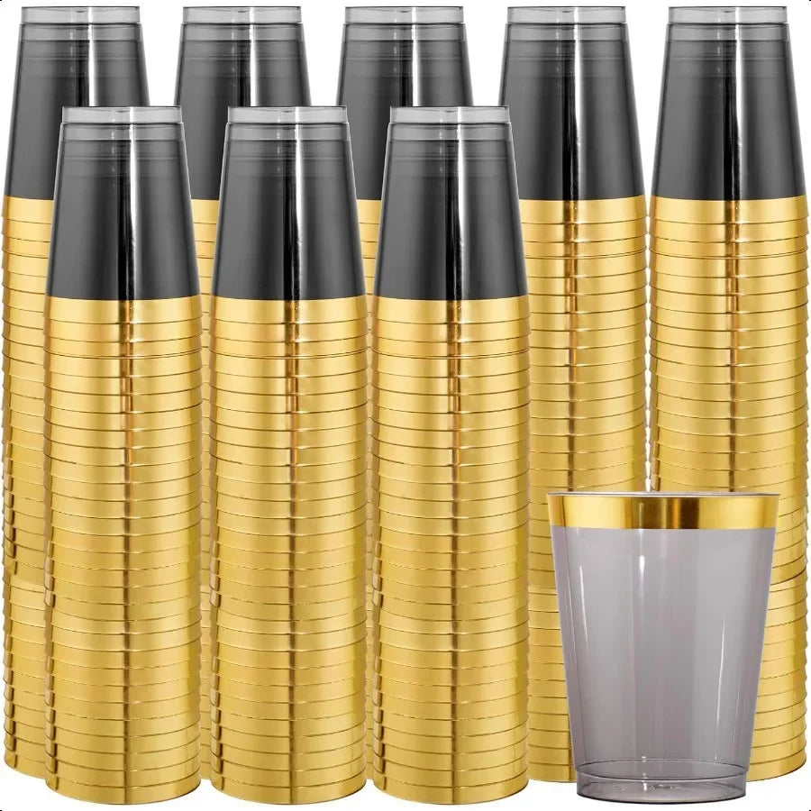 100pcs Gold and Black Plastic Cups 10oz Gold Rimmed Heavy Duty Elegant Black Cups Wedding Tumblers For Party and Birthday