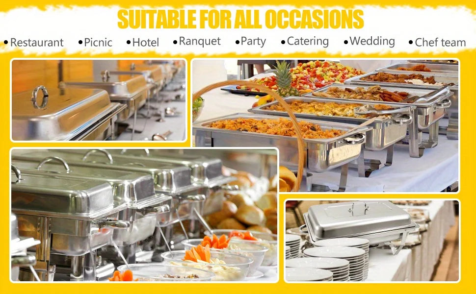 6 Pack Chafing Dish Buffet Set, Stainless Steel Food Warmer Kit with Lids, Food Pans, Water Pan and Fuel Holders for Restaurant