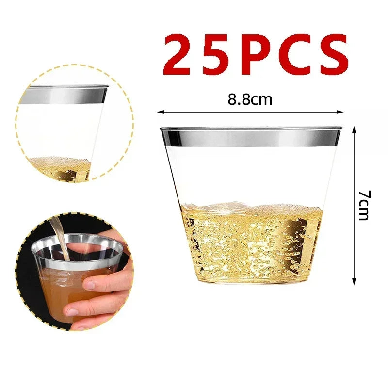 25pcs Disposable Plastic Cups Clear Champagne Flutes Silver Rim Mugs Fancy Wedding Cocktail Mug Bubble Tea Red Wine Glasses